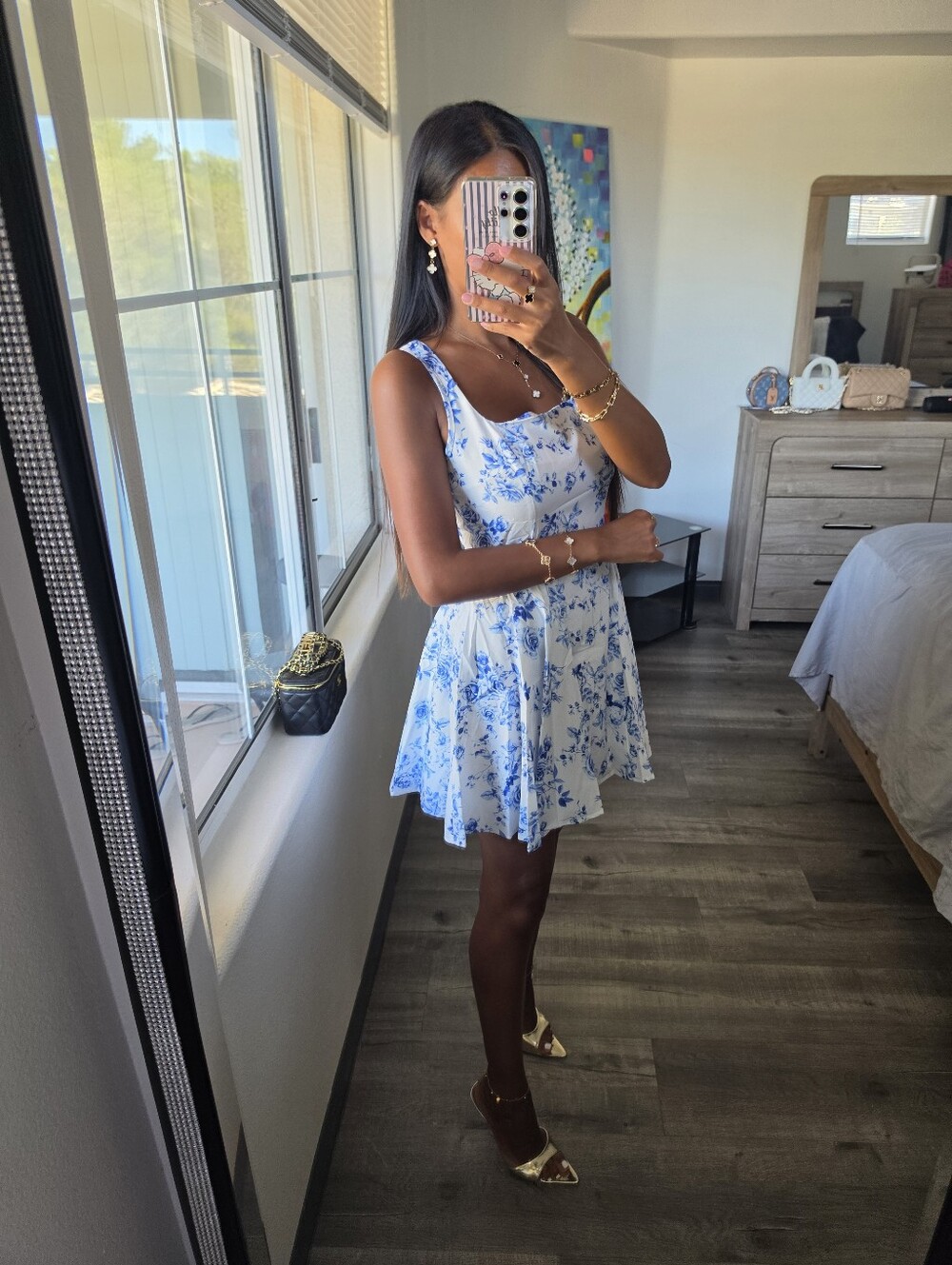 White Mini Dress with Blue Floral Print - Picture 7 of 13